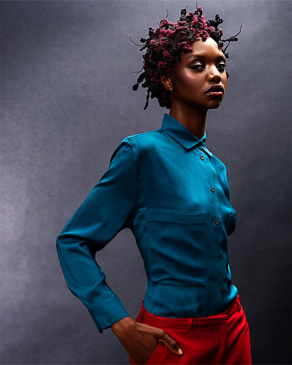 Black and Pink Sculptural Twisted Hairstyle – James Abu-Ulba – What You Seek Collection